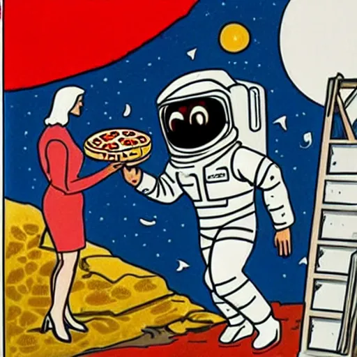 Image similar to A Man in a Spacesuit delivers pizza to a Woman’s home on the Moon, unique, very detailed, retro, sci-fi, pop art