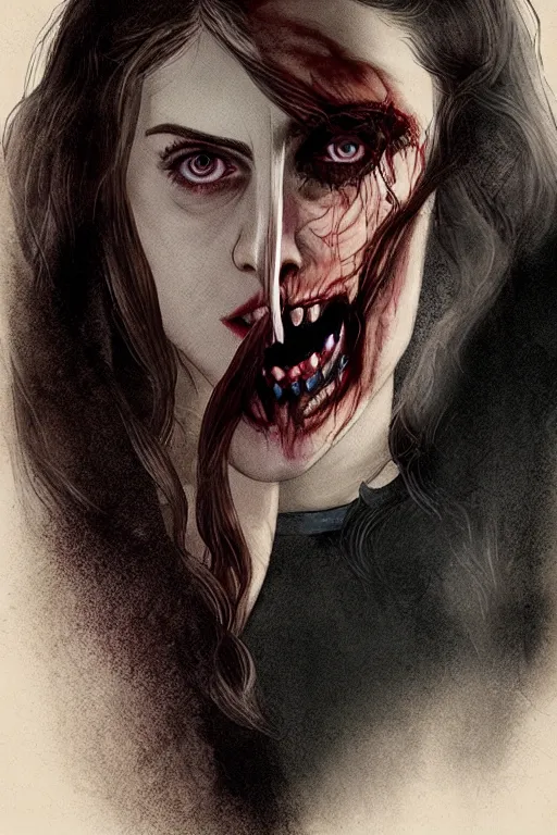 Image similar to alexandra daddario in sleepy hollow, full body, big two toned eyes, teeth gritted, horror, intricate details, cinematic, epic, realistic, anatomy, tomer hanuka, uplight, artstation, photorealistic, scary