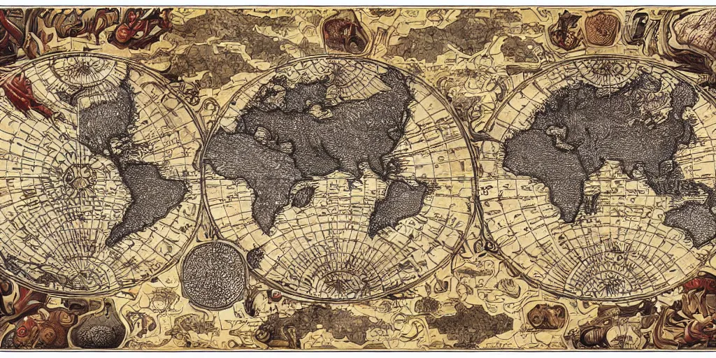 Prompt: highly detailed labeled atlas map poster of a synthetic planet, heraldic, detailed, paper drawing, fractal structure, golden, silver and crimson ink, factories and nature, intricate details