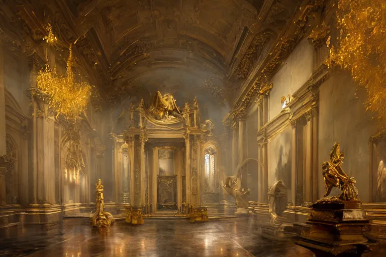 Prompt: a beautiful rococo chapel, in the center is a marble and gold statue of an angel with wings, symettrical composition, intricate oil painting, ethereal, misty, dramatic lighting, amazing depth, 8 k, by jeremy mann