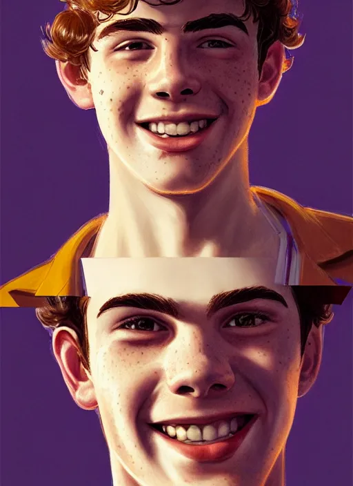 Image similar to portrait of teenage archie andrews, freckles, curly middle part haircut, curly hair, smiling kindly, friendly, 1 9 5 0 s, intricate, elegant, glowing lights, highly detailed, digital painting, artstation, concept art, smooth, sharp focus, illustration, art by wlop, mars ravelo and greg rutkowski