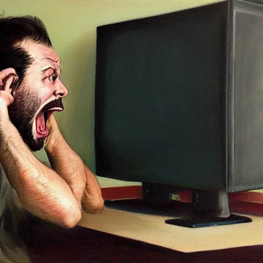 Image similar to an angry man yells at his computer monitor, oil on canvas, highly detailed, high resolution