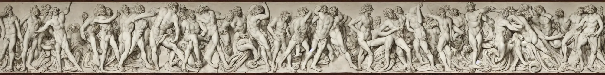 Image similar to long line-up of laocoon and his sons struggling with serpents, full body view, white background