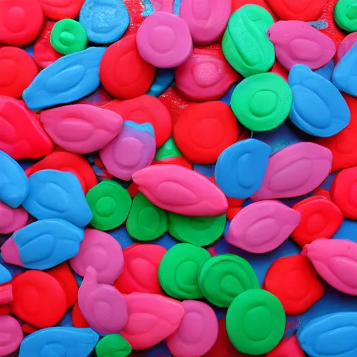 Image similar to teeth made of plasticine scattered on the table