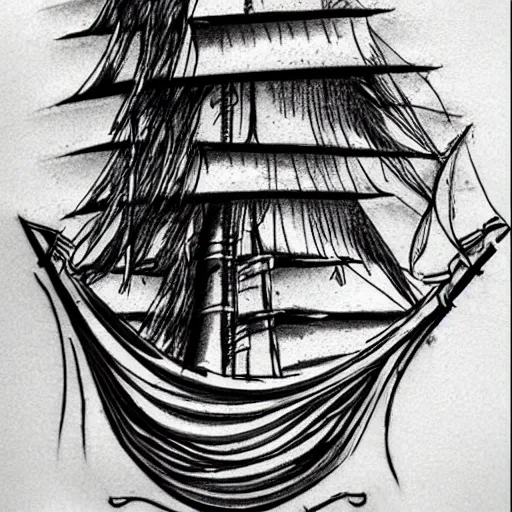 Prompt: realism tattoo design sketch of a pirate ship, by Sivak