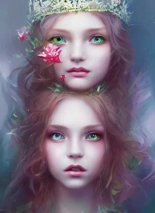 Prompt: a gorgeous flower princess portrait by WLOP, big emerald eyes, red hair, digital painting, beautiful lighting, mystical, detailed flowers, cgsociety