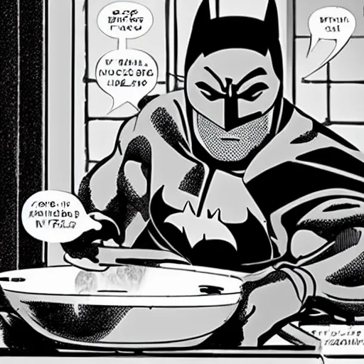 Image similar to batman cooking with a wok pan in a cozy french kitchen, comic book style