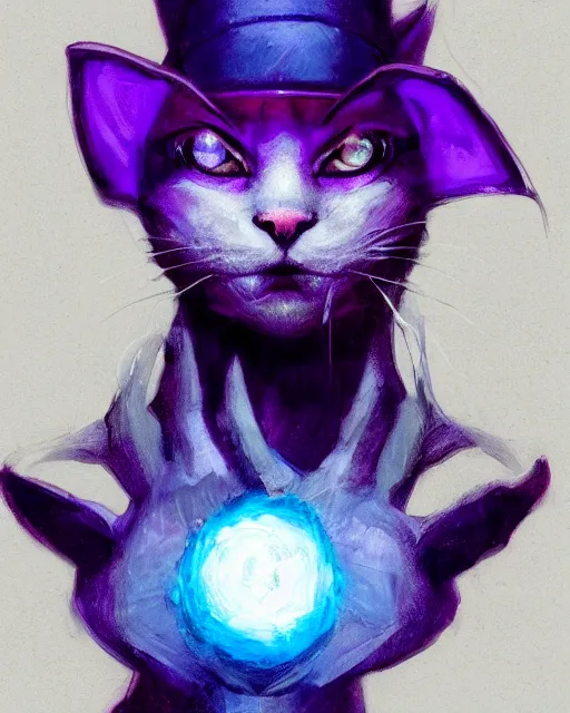 Image similar to Cat Illusionist, portrait, purple and blue, magic the gathering artwork, D&D, fantasy, cinematic lighting, centered, symmetrical, highly detailed, digital painting, artstation, concept art, smooth, sharp focus, illustration, volumetric lighting, epic Composition, 8k, art by Akihiko Yoshida and Greg Rutkowski and Craig Mullins, oil painting, cgsociety