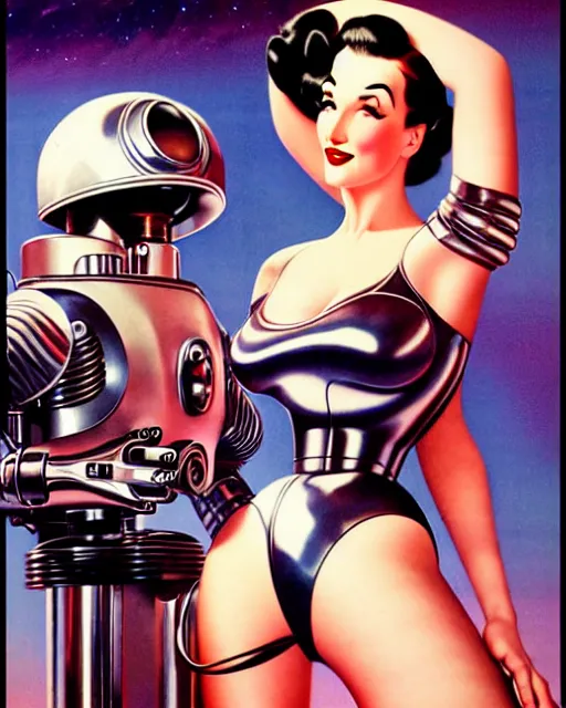 Image similar to closeup beautiful retro space dita von teese posing with a chrome robot in dieselpunk city at night, pinup, windblown dark hair, seductive, hyper detailed, digital art, smooth, sharp focus, gil elvgren, luis royo, alberto vargas, 1 9 5 0, when mars attacks