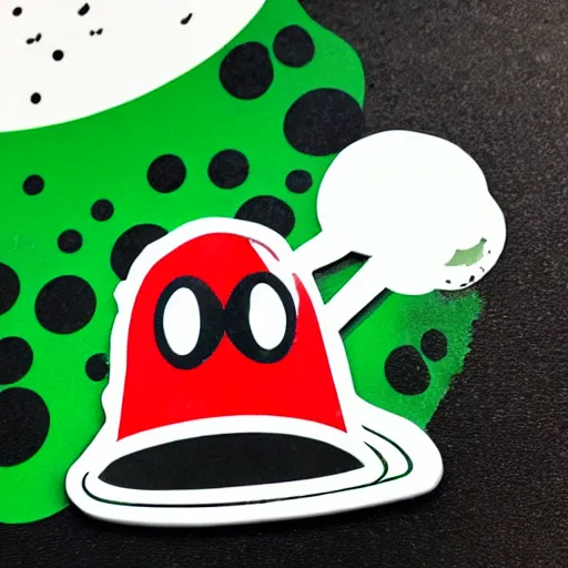 Image similar to die cut sticker, yoshi wearing mario's mustache, splatter paint