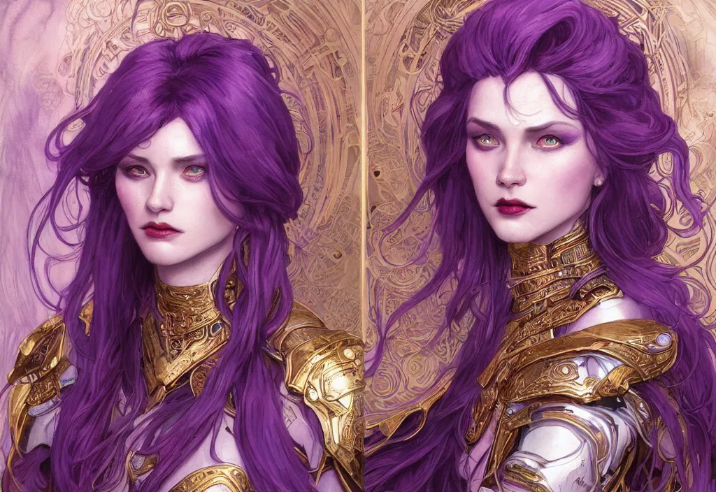 Image similar to close up portrait vampire with purple hair in sci - fi bionic armor, highly detailed, very intricate, art nouveau, gold filigree, romantic storybook fantasy, soft cinematic lighting, award - winning, disney concept art watercolor illustration by mandy jurgens and alphonse mucha and alena aenami, pastel color palette, featured on artstation