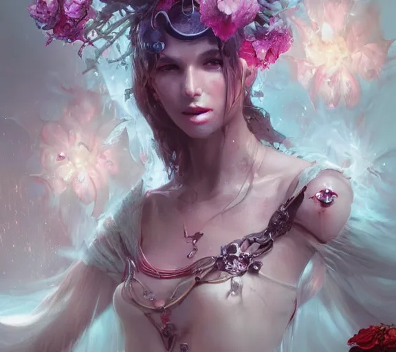 Image similar to beautiful girl necromancer covered with crystals exploding blood, 3 d render, hyper realistic detailed portrait, holding magic flowers, ruan jia, wlop. scifi, fantasy, hyper detailed, octane render, concept art, peter mohrbacher