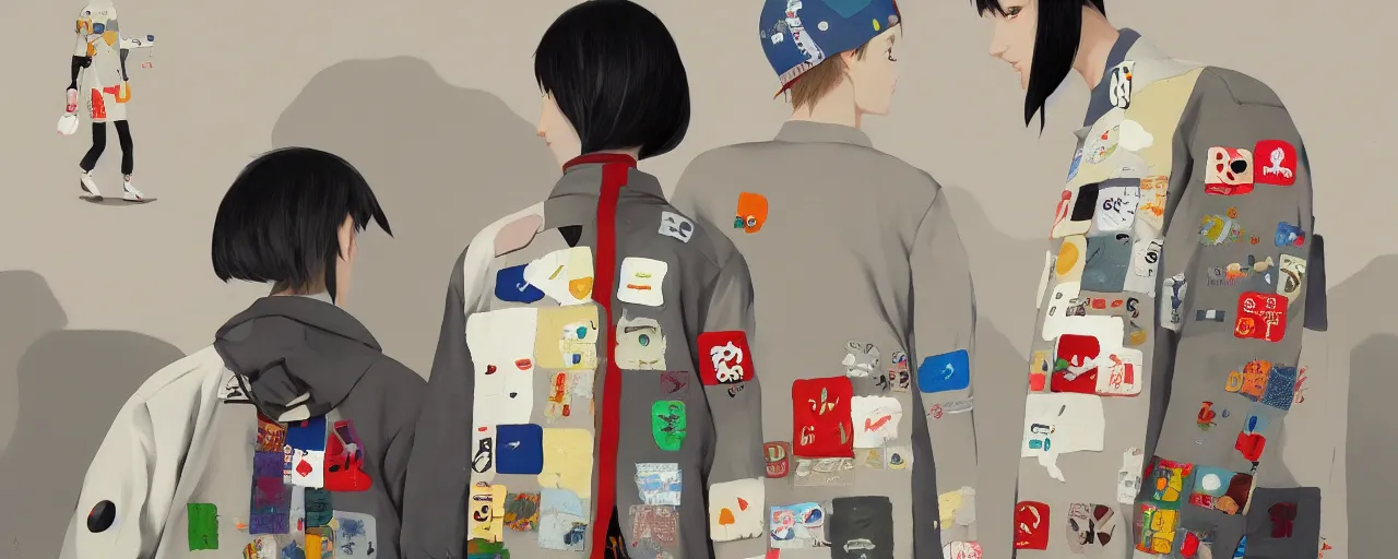 Image similar to gori fujita ilustration a game development studio, one cotton jacket and its copy made of patches painting by goro fujita, sharp focus, highly detailed, artstation