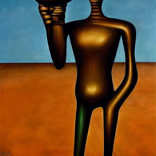 Image similar to An oil painting of a strange alien creature by Max Ernst and Giorgio de Chirico, trending on artstation