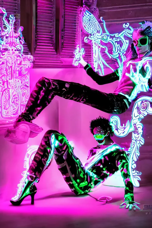 Image similar to full-body rococo and cyberpunk style neon statue of a young attractive Rafael wearing cholo shades macho dotado e rico android sim roupa reclining con las piernas abertas e la piroca dura, ethereal white dripping tar, glowing orange lasers, pink tigers, glowing eyes, silver prince crown, black gears, pink diamonds, swirling mint-colored silk fabric. futuristic elements. full-length view. human skulls. large intricate artwork by caravaggio. Trending on artstation, octane render, cinematic lighting from the right, hyper realism, octane render, 8k, depth of field, 3D