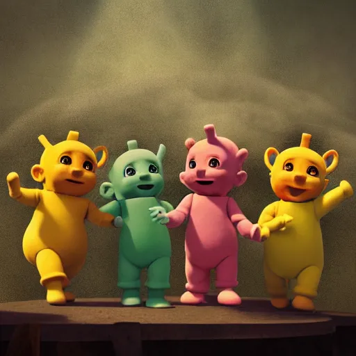 Image similar to A group of 4 Teletubbies, laughing as they use a knife to sacrifice a fellow Teletubby, on a stone table in the living room of an abandoned house. Highly detailed, rendered in unreal engine 5, daguerreotype portrait.