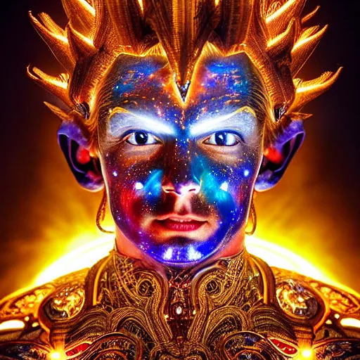 Prompt: uhd photorealisitc inspiring photo of a cosmic gogeta powering up. intricate details. ornate costume. glowing, powering up. hyperdetailed, accurate, global lighting. accurate face. symmetrical face. correct face. photo by annie leibowitz and steve mccurry