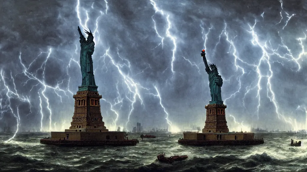 Image similar to elder god standing over destroyed statue of liberty, lightning, storms, volumetric lightning by eugene von guerard, ivan shishkin, dramatic lighting, concept art, trending on artstation, 8 k