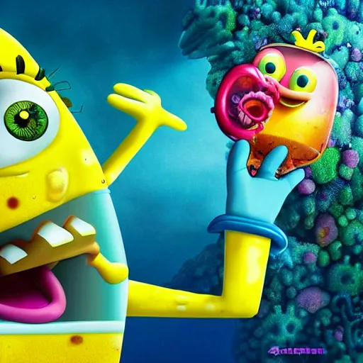 Prompt: a glossy promotional image for the upcoming sci-fi horror movie, 'SpongeBob Squarepants'