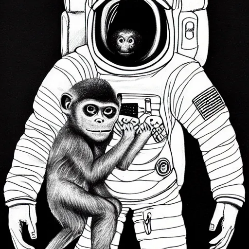 Image similar to pencil art, portait, highly detailed, epic, astronaut monkey holding hands with astronaut.