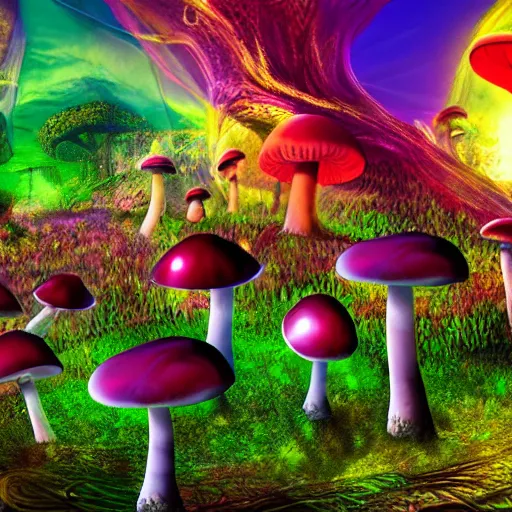 Prompt: mushroom city, dslr, colorful, fantasy,