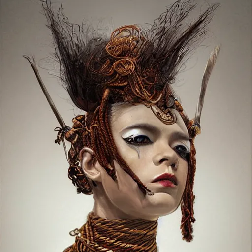 Image similar to portrait of a Shibari rope wrapped face and neck, headshot, insanely nice professional hair style, dramatic hair color, digital painting, of a old 15th century, zulu warrior, amber jewels, baroque, ornate clothing, scifi, realistic, hyperdetailed, chiaroscuro, concept art, art by Franz Hals and Jon Foster and Ayami Kojima and Amano and Karol Bak,