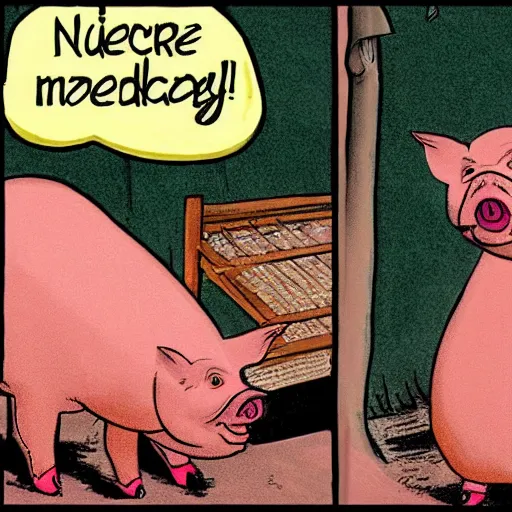 Image similar to a pig screaming in horror as another pig gets barbequed, funny, by Disney