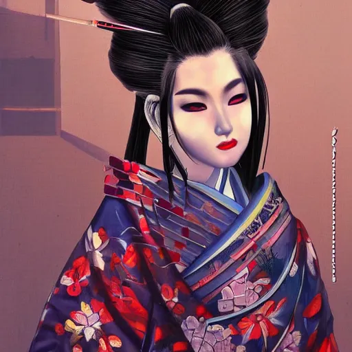 Prompt: a beautiful and detailed painting of a geisha in tokyo, cyberpunk style h 7 6 8