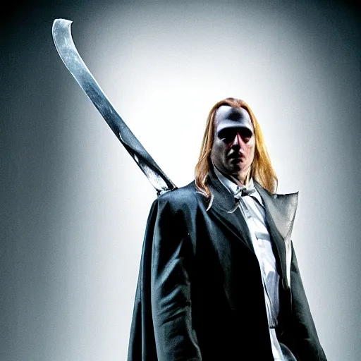 Image similar to arthas menethil as the american psycho, cinematic still