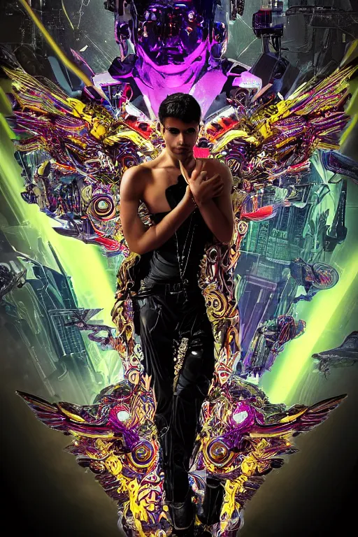 Image similar to full-body bladerunner style sculpture of a young handsome Latino prince as a half cibernetic android with a chest opening exposing circuitry and electric sparks, glowing laser beam eyes, crown of giant diamonds, flowing neon-colored silk, fabric, raptors. baroque elements. full-length view. baroque element. intricate artwork by caravaggio. many many birds birds on background. Trending on artstation, octane render, cinematic lighting from the right, hyper realism, octane render, 8k, depth of field, 3D