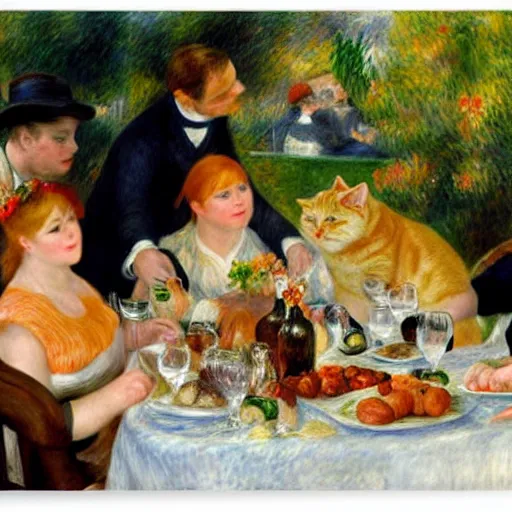 Prompt: fat orange tabby cat in luncheon of the boating party by renoir