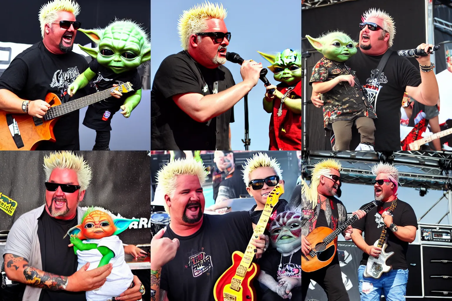 Prompt: guy fieri and baby yoda duet at warped tour