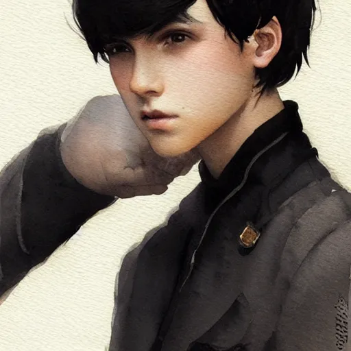 Prompt: teen boy, young, black hair, short hair, georgeus, elegant, intricate, sharp focus, highly detailed, artstation, watercolor, by artgerm and greg rutkowski