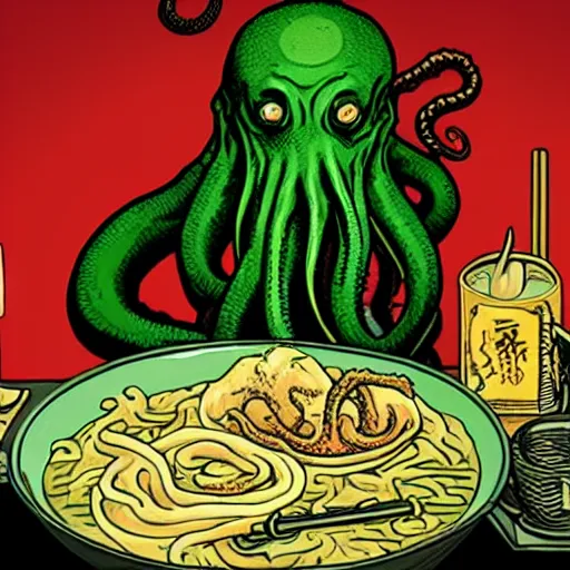 Image similar to photo of Cthulhu (from Lovecraft) sitting at table holding its tentacle over a bowl of ramen