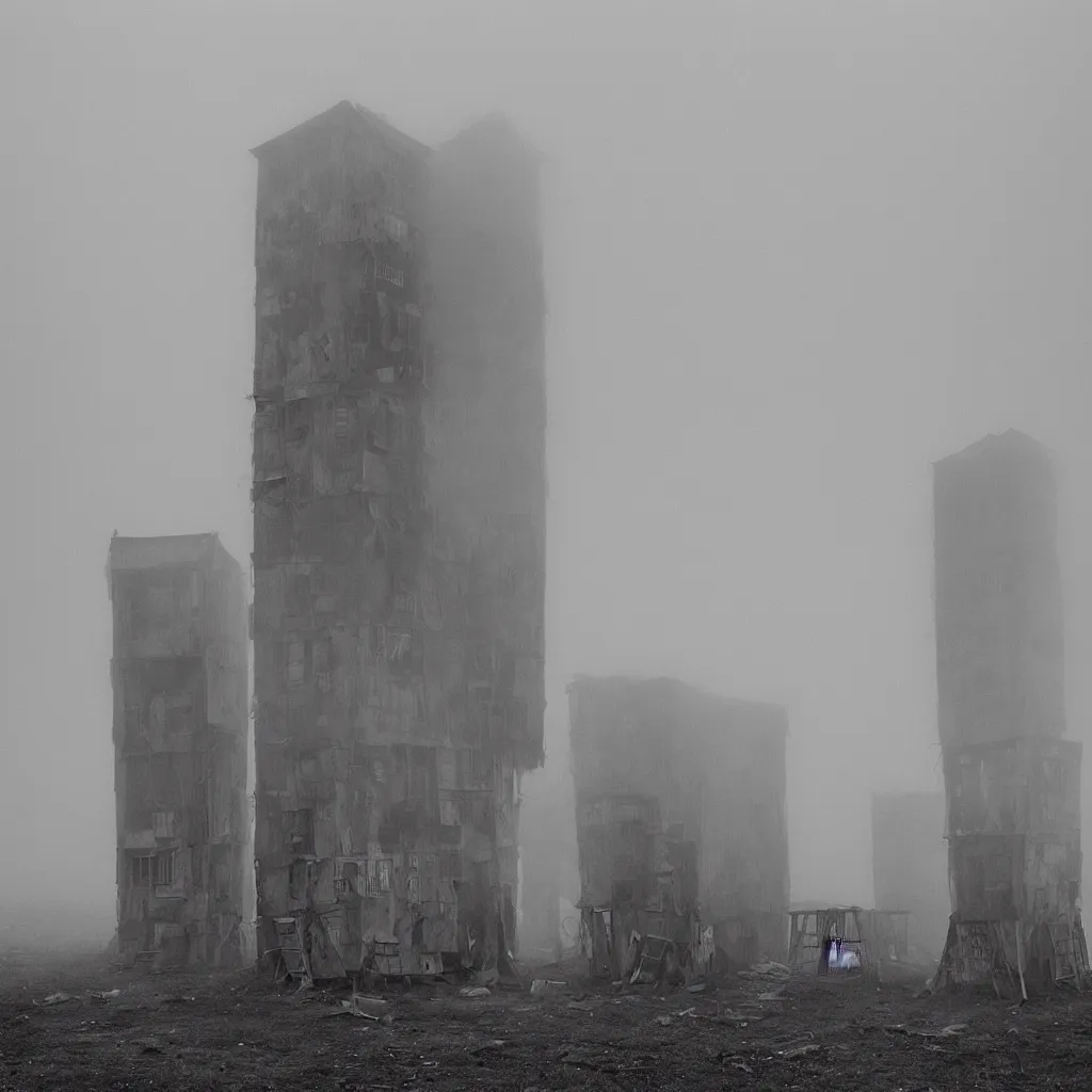 Prompt: two towers, made up of makeshift squatter shacks, uneven dense fog, dystopia, mamiya, fully frontal view, photographed by jeanette hagglund