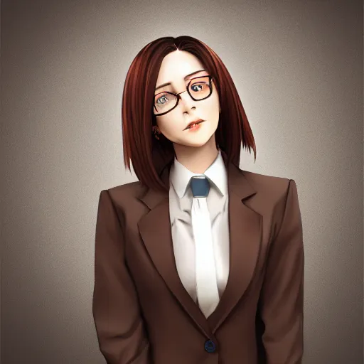 Image similar to woman in business suit, brown neat hair, animesque, pixiv, fanbox, trending on artstation, digital art, portrait, modern, sleek, highly detailed, formal, serious, determined, competent, colorized, smooth, charming, pretty, safe for work, blank background