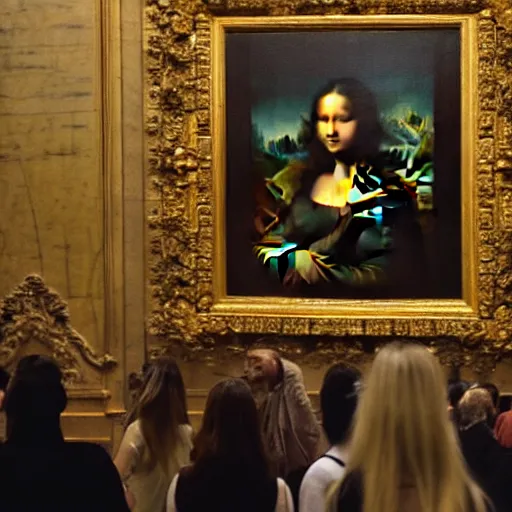 Image similar to shot from a distance, full room view, renaissance, rococo, manga, tonal, young lady, thin, dark hair, wearing flowing long dress, flowers, viewing the mona lisa painting inside the lourve