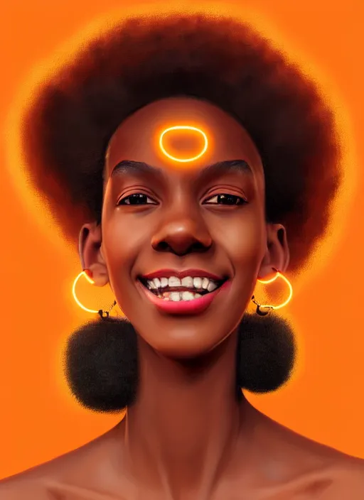 Prompt: portrait of shy black girl, realistic, bantu knots, pointy nose, lanky, smile, nerdy, defined jawline, big chin, orange hair bow, earrings, intricate, elegant, glowing lights, highly detailed, digital painting, artstation, sharp focus, illustration, art by wlop, mars ravelo and greg rutkowski