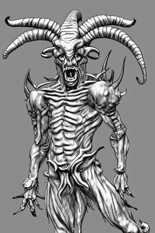 Image similar to humanoid figure monster with goat horns, highly detailed, digital art, sharp focus, trending on art station, kentaro miura manga art style