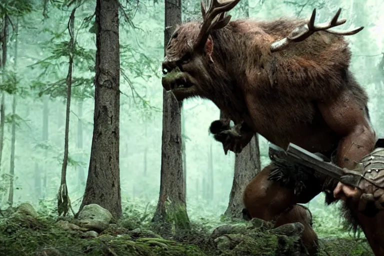 Image similar to vfx movie closeup detailed ancient warrior orc hunting elk in the forest, natural lighting by emmanuel lubezki