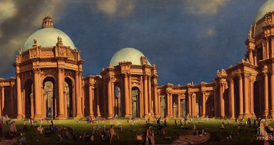 Image similar to the san francisco palace of fine arts during the intergalactic futuristic fair, romantic era painting, majestic