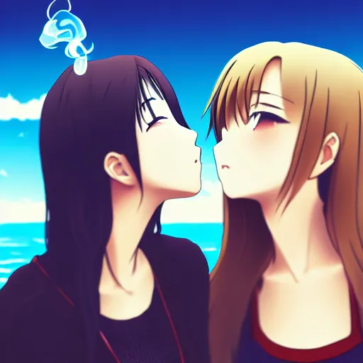 Image similar to two beautiful lesbian girls in love, smoking a hemp cigarette with smoke, sitting in front of a lake, in the style of anime, close - up, pixiv, intricate, elegant, highly detailed, lush, stylized, japanese, smooth