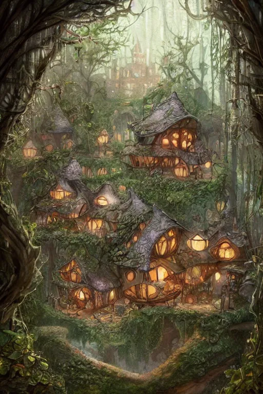 Image similar to a storybook illustration of a ramshackle multistory fairytale hut in the forest, intricate, elegant, fantasy, highly detailed, digital painting, concept art, sharp focus, artstation