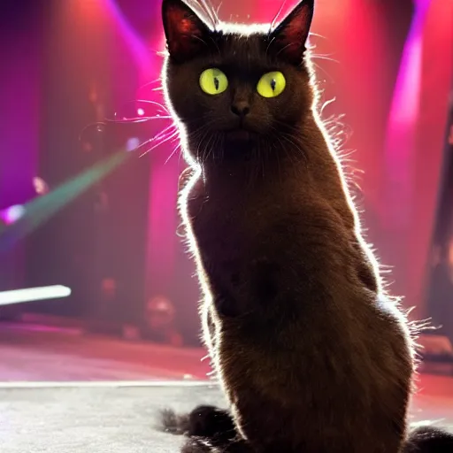 Prompt: photograoh of cat ainging on the stage