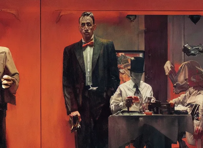 Prompt: a still from the movie godfather by of francis bacon and norman rockwell and james jean, a still from the movie antman and the wasp, mark brooks, triadic color scheme, by greg rutkowski, syd mead and edward hopper and norman rockwell and beksinski, dark surrealism, orange and turquoise ans purple
