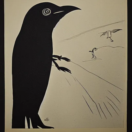 Prompt: A crow hovers over sandman's head, lithography