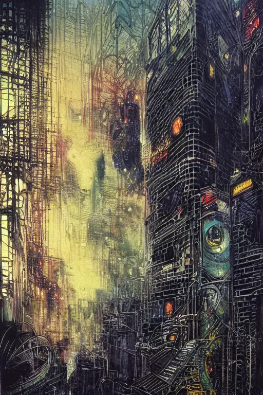 Image similar to A hyper-detailed, ultra-detailed, full-color photorealistic mixed media painting of a polluted futuristic cityscape with intricate, perfe4ctly symmetrical art nouveau infrastructure and architecture at night in the winter, bill sienkiewicz illustration with slight spraying from 1984, Travis Charest, Stephen Gammell