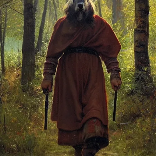 Prompt: Slavic dog head man, woolen torso in medieval clothes, walking in the forest, Orthodox Saint Christopher, oil painting, painting by Viktor Vasnetsov, concept art, hyperrealism, beautiful, high resolution, trending on artstation, by Luis Royo