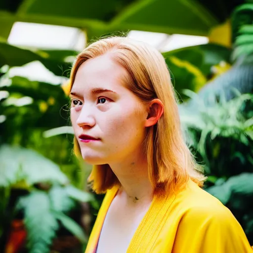 Image similar to head and shoulder portrait photograph of a young blond woman wearing a yellow kimono in a tropical greenhouse, super resolution. 35 mm lens, bokeh