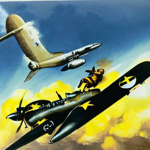 Image similar to a bumblebee painted b 2 9 bomber drops a bomb onto a sleeping soldier, ww 2 propaganda poster, highly detailed, no text